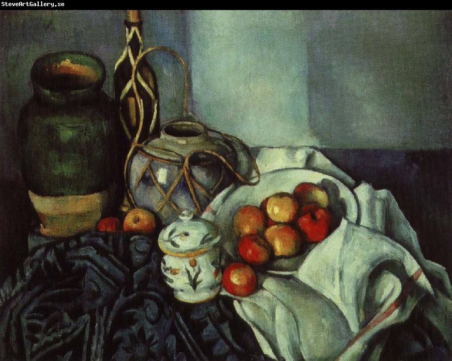 Paul Cezanne stilleben med krukor och frukt